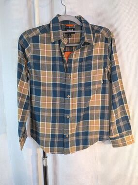 Boys Flannel Plaid Shirt Size S 8 Bass Outdoor NWT Blue Tan Long Sleeve (G10)